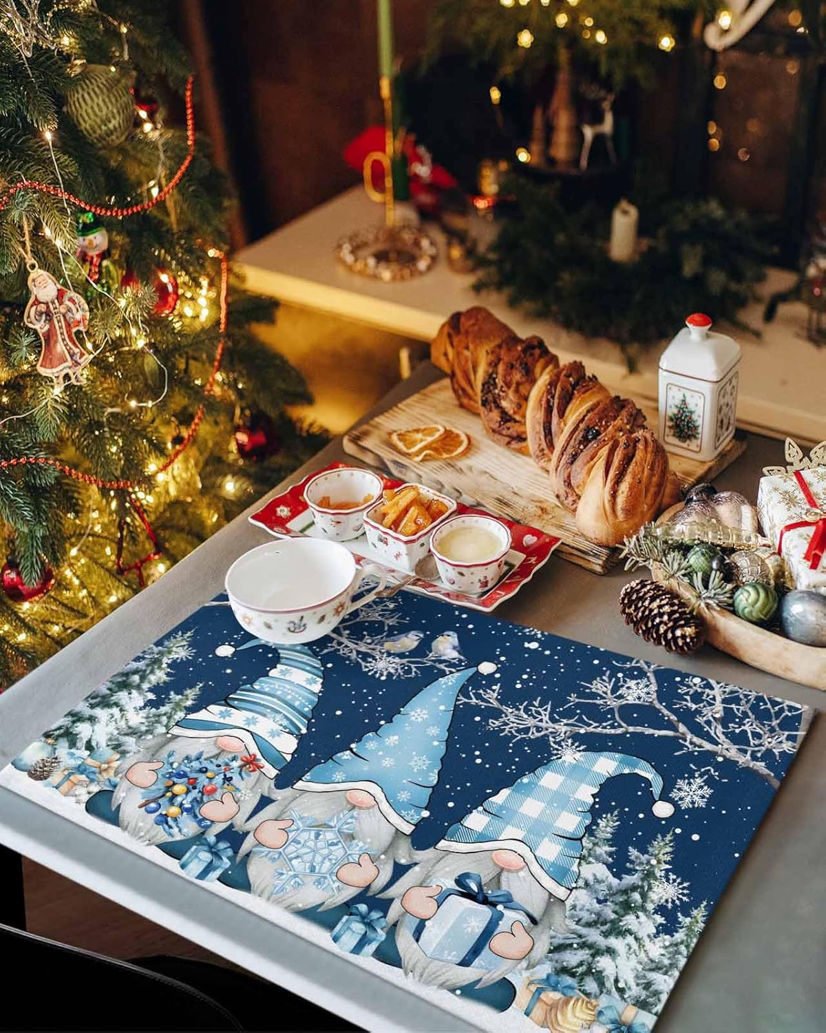 Christmas Placemats Gnome Xmas Tree Blue Non-Skid Place Mats Snowflake Branch Bird Holiday Table Mats Washable Stain-Resistant Tablemats for Party/Dining Room/Kitchen Decorations Set of 8