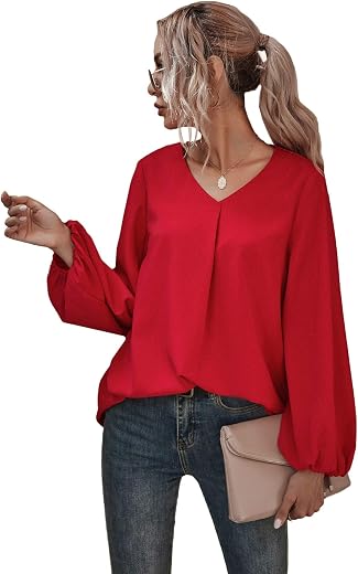 Milumia Women's Casual V Neck Lantern Sleeve Blouse Work Office Solid Shirt Top