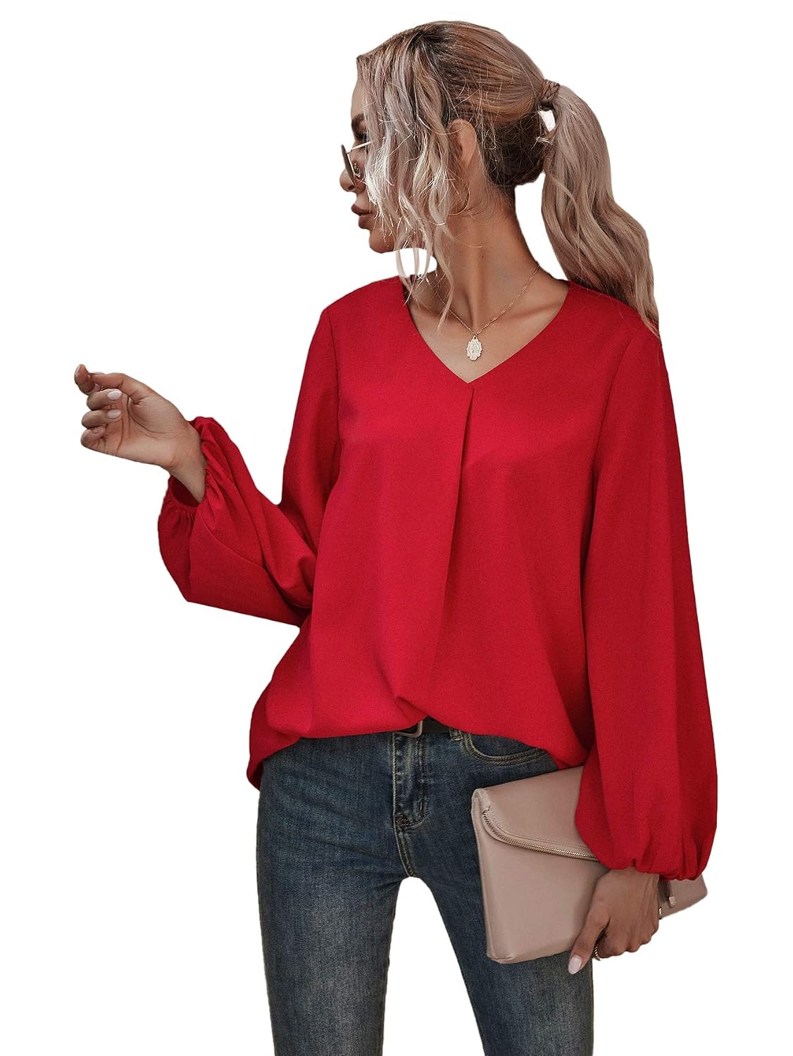 Milumia Women's Casual V Neck Lantern Sleeve Blouse Work Office Solid Shirt Top - Review, Price and Buying Guide