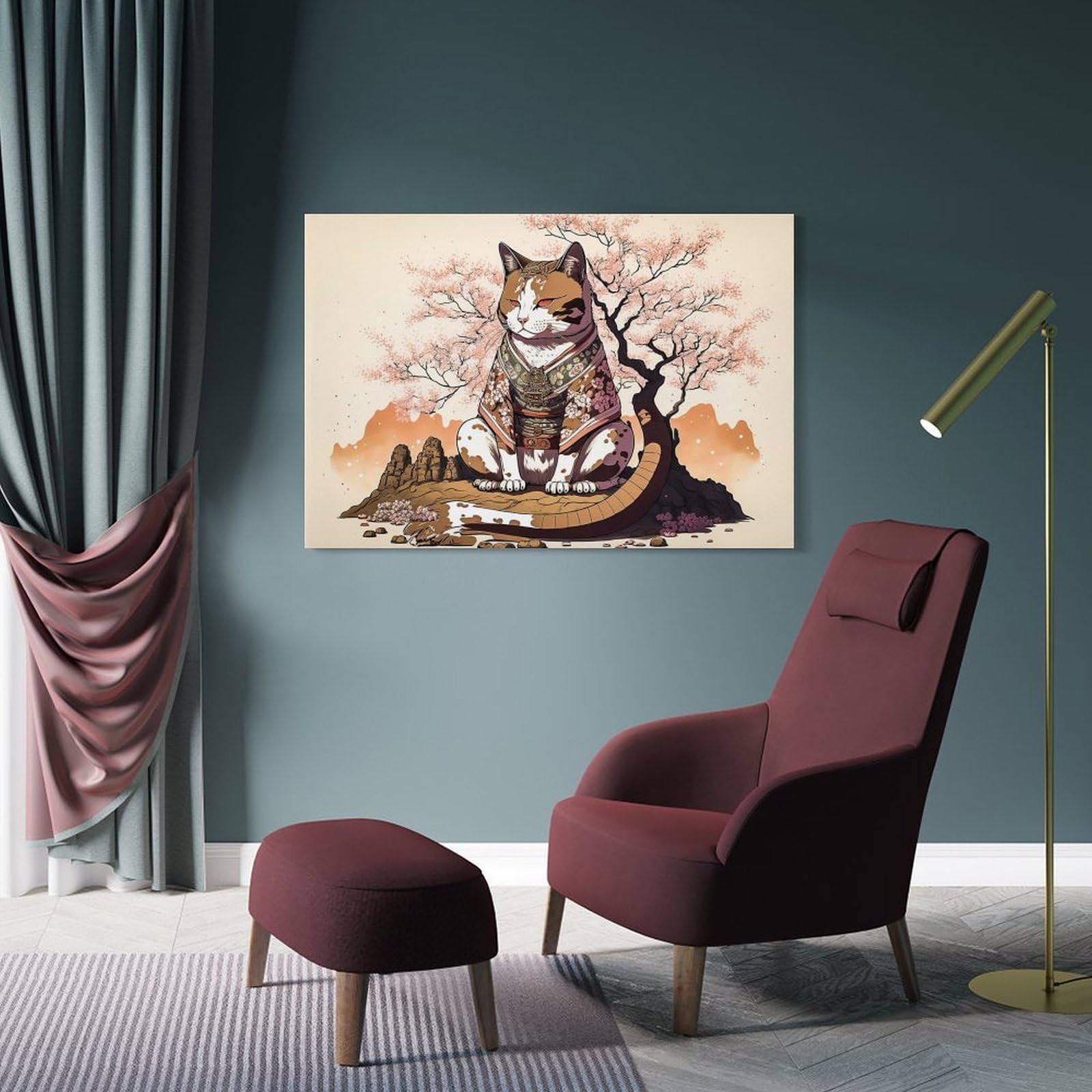 Junmoney Wall Picture Print Cat Samurai Japan, 20x30inch(50x75cm), for Entryway, Lounge Links Or Small Walls, Home Artwork for First Impressions
