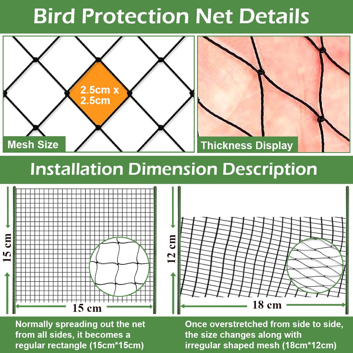 Filet de protection contre les oiseaux - 15 x 15 m - Maille fine de 2,5 cm - Avec bande anti-oiseaux - Filet de bassin pour arbres fruitiers - Filet pour enclos à poules, balcon, toit