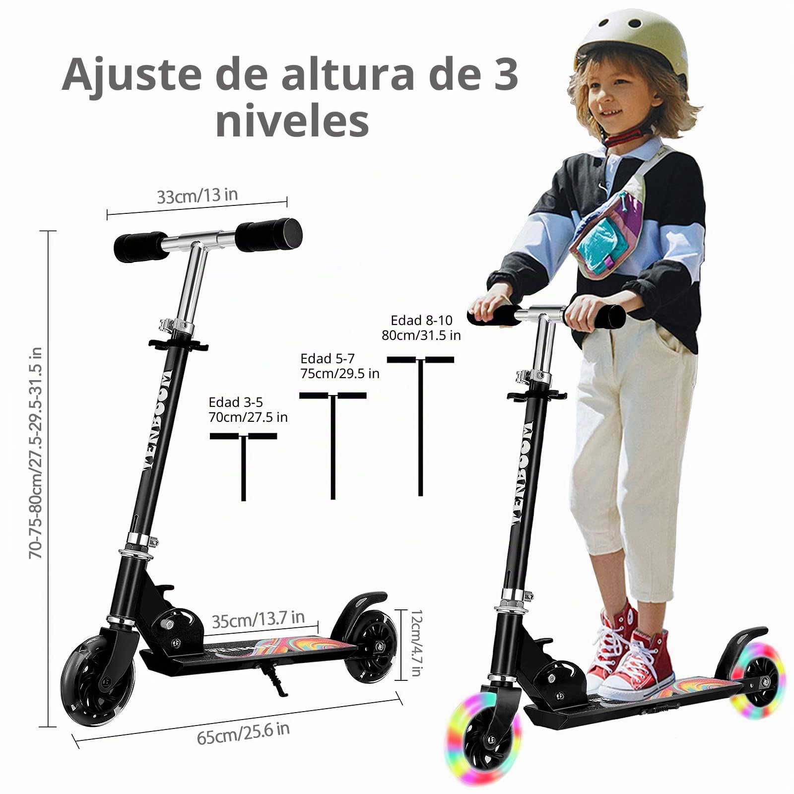 TENBOOM Patinete para niños de 6 años, 2 luces LED, ruedas para niños de 3 años, plegable, altura regulable, freno trasero para niños de 3 a 10 años
