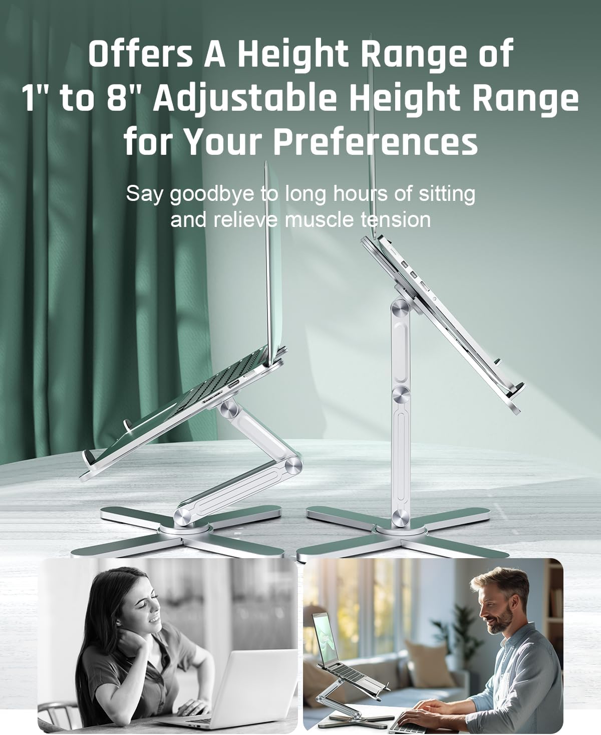 Image demonstrating the adjustable height range of the YUBWVO W50 Laptop Stand, with a user working comfortably.