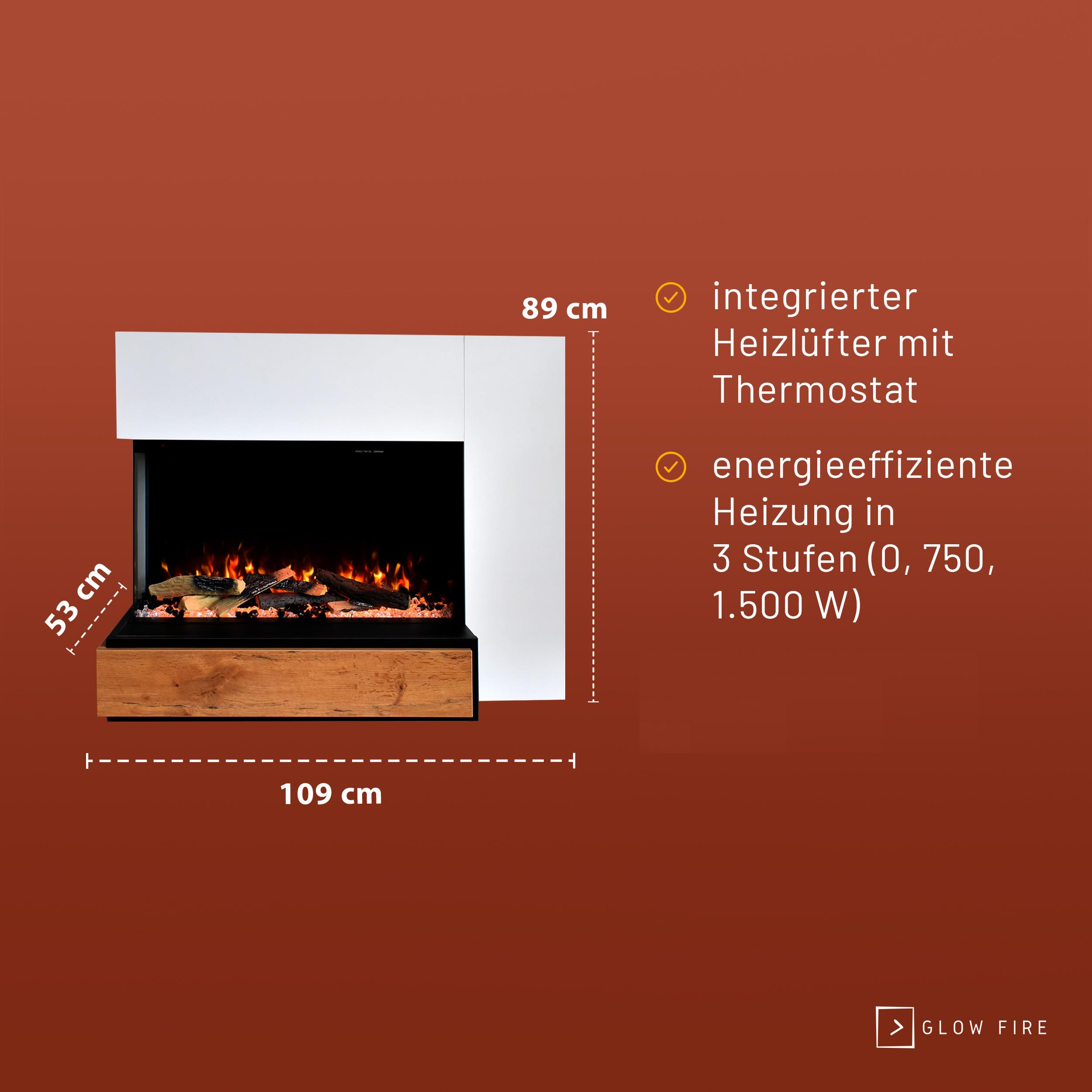 GLOW FIRE Kominek EINSTEIN otwarty z lewej z realistycznym ogniem LED 3D E-Motion - wolnostojący kominek elektryczny z ogrzewaniem, ogniem kominkowym, timerem, maks. 1500 W, 109x89x51, Biały