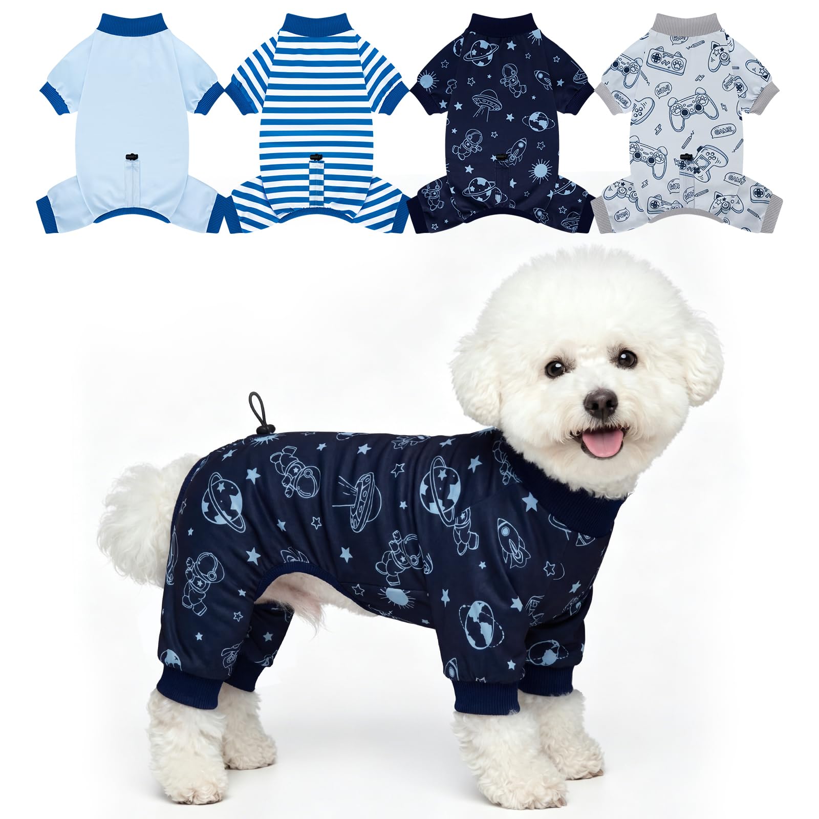 XPUDAC 4 Pack Dog Pajamas, Soft Puppy Clothes with Drawstring Adjustable Stretchy Dogs Onesie for Small Medium Doggie Shed Defender Dog Suit Pet Outfit Boy, M