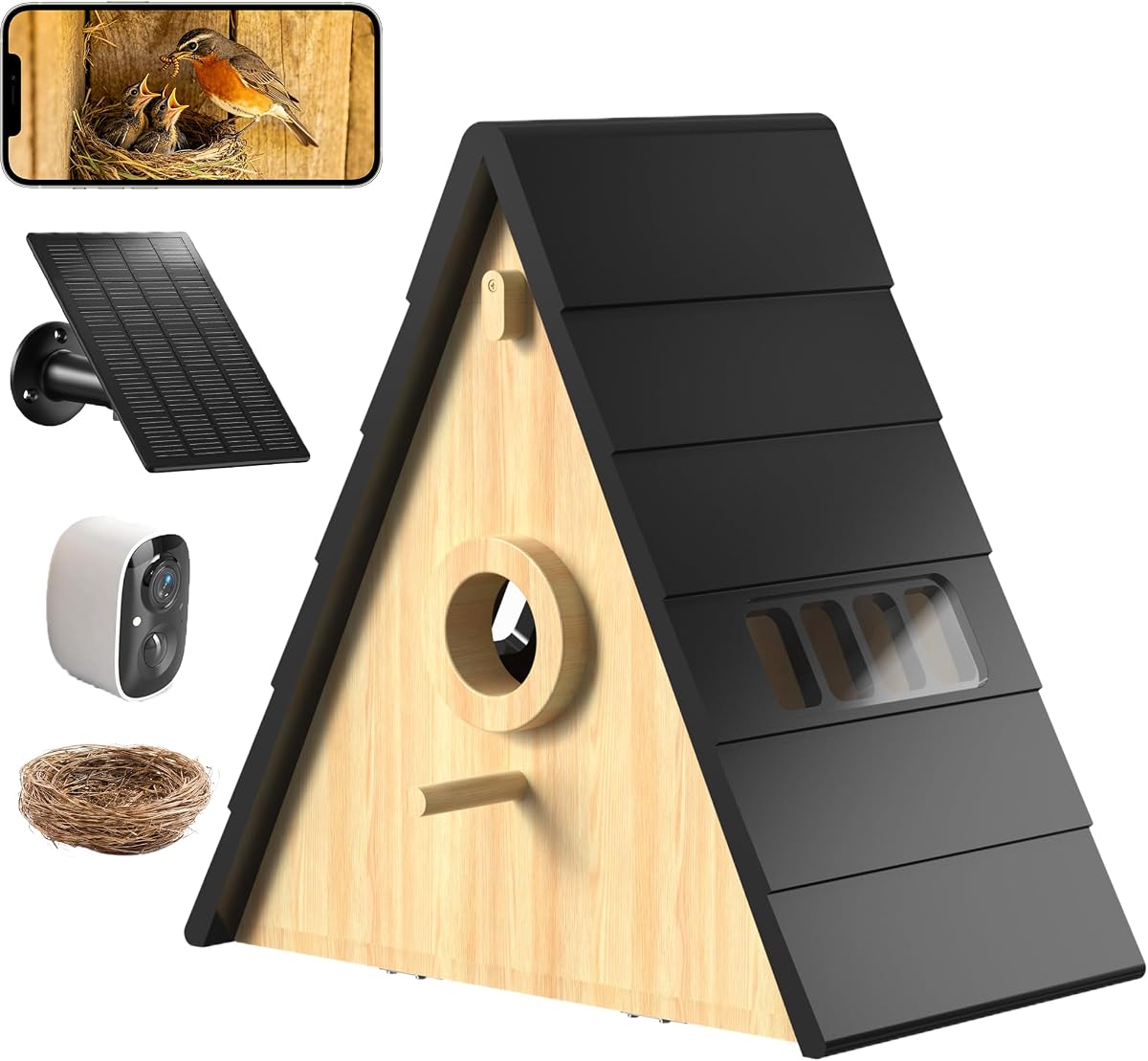 Smart Bird House with Camera Solar: Weatherproof Outdoor Wooden Bird Nest Box with 2K HD Camera - Real Time Monitoring with Alerts - Enjoy Backyard Birdwatching