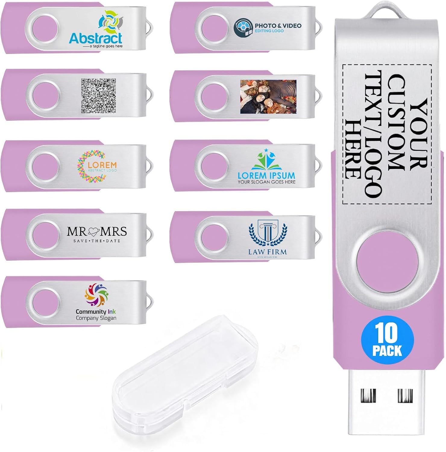 10 Pack 512MB Custom USB Flash Drives USB 2.0 with Case, Personalized Thumb Drives with Logo/Text/Image, Light Pink Bulk Customized Memory Sticks for Wedding, Business, Corporate Gifts