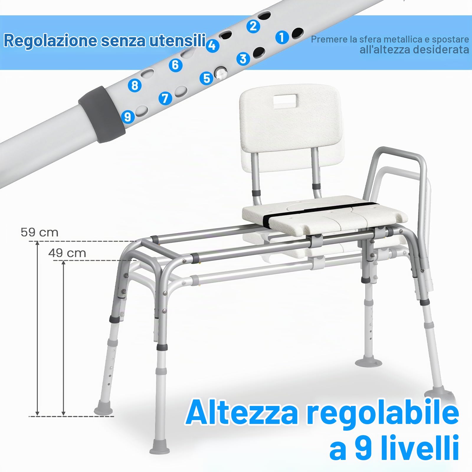 HOMASIS Sedia per Vasca da Bagno per Anziani, Sedile Vasca da Bagno Scorrevole e Regolabile in Altezza, Sedile per Doccia con Cinture di Sicurezza, Capacità di 160 kg, Seggiolino per Disabili