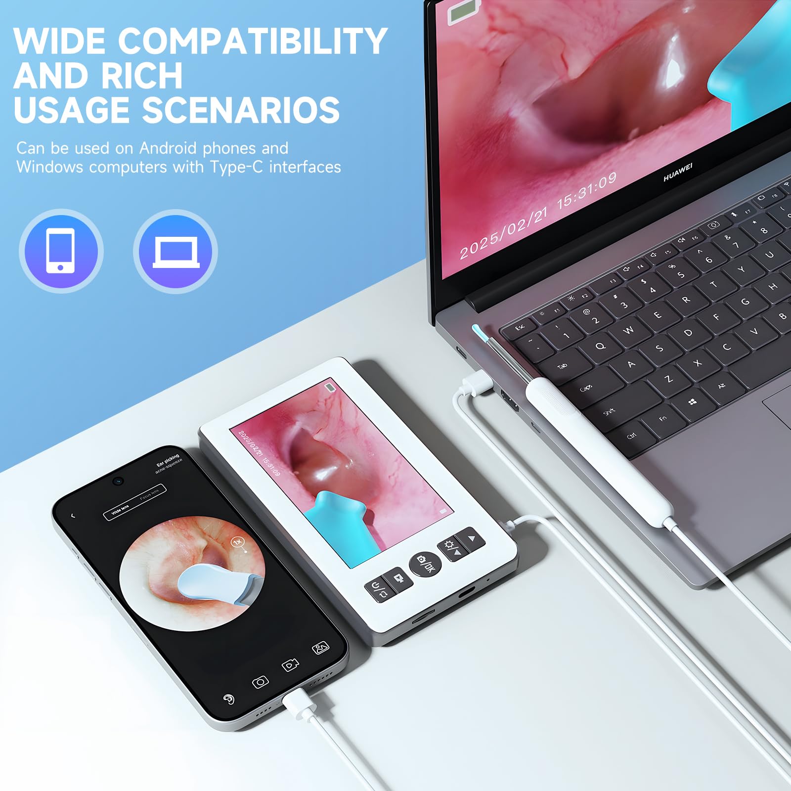 Otoscopio Limpiador de Oídos, 4.3 '' 1080p HD IPS Endoscopio de Oído con 6 Endoscopio LED, Boucher y Play, 3,5 mm Profesional Otoscopio con 64G Tarjeta de Memoria para Niños y Adultos