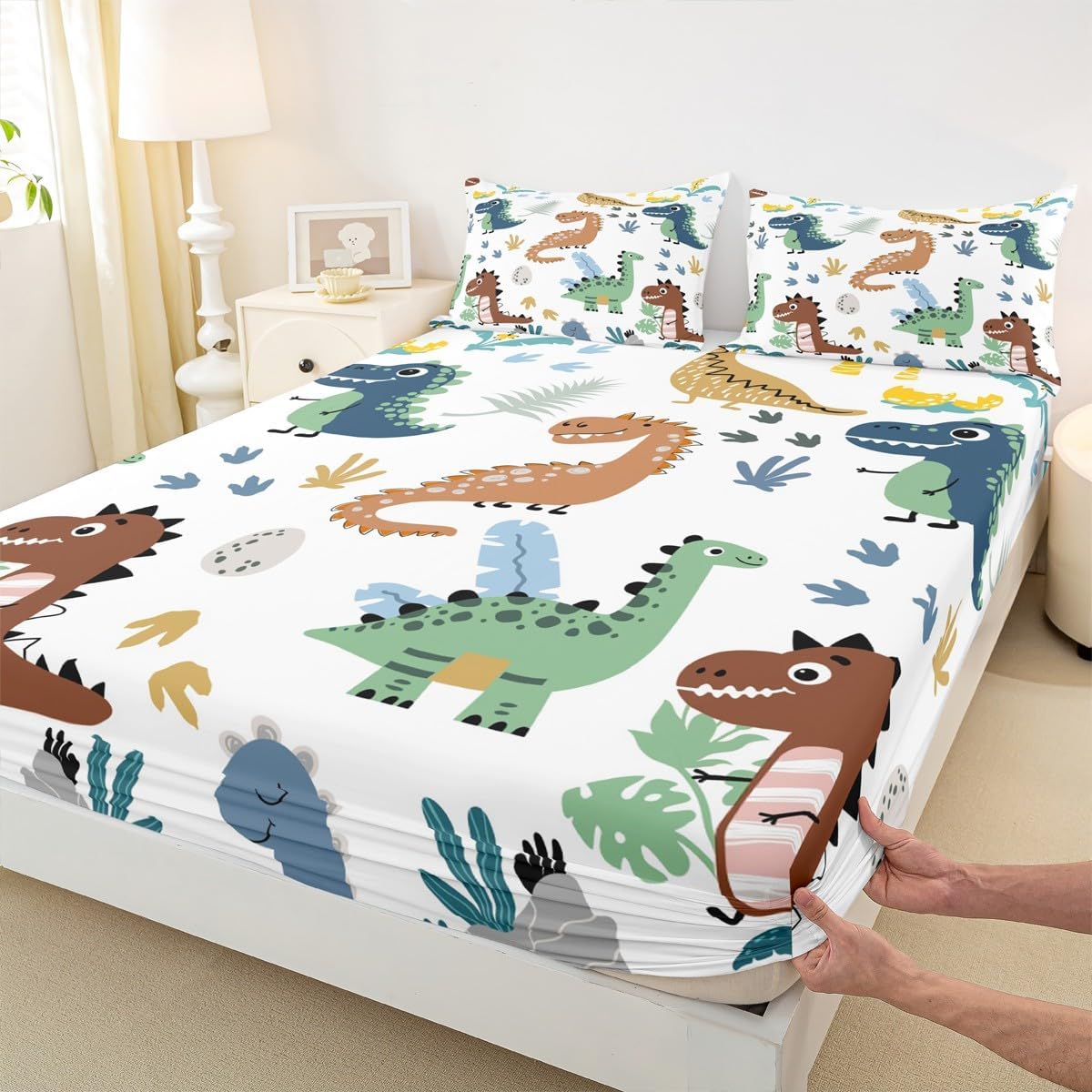 Feelyou Cartoon Dinosaur Kids Sheet Set - Cute Dino Bed Sheets for Boys Teens Decor - Wildlife Jungle Animal Bedding With Deep Pocket Fitted Sheet - Tropical Leaves Bedroom Set