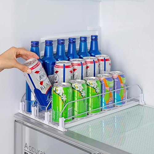 Miniatura 6 de RULA Organizador de bebidas para refrigerador, ancho ajustable, empujador de botellas de agua, dispensador de latas de soda autoempujable para