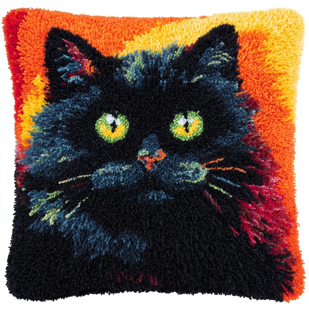 Taxpy Latch Hook Cushion Kits, Black cat DIY Latch Hook Kits Pillow Printed Cushion Embroidery Needlework Craft Embroidery Kit,17x17inch
