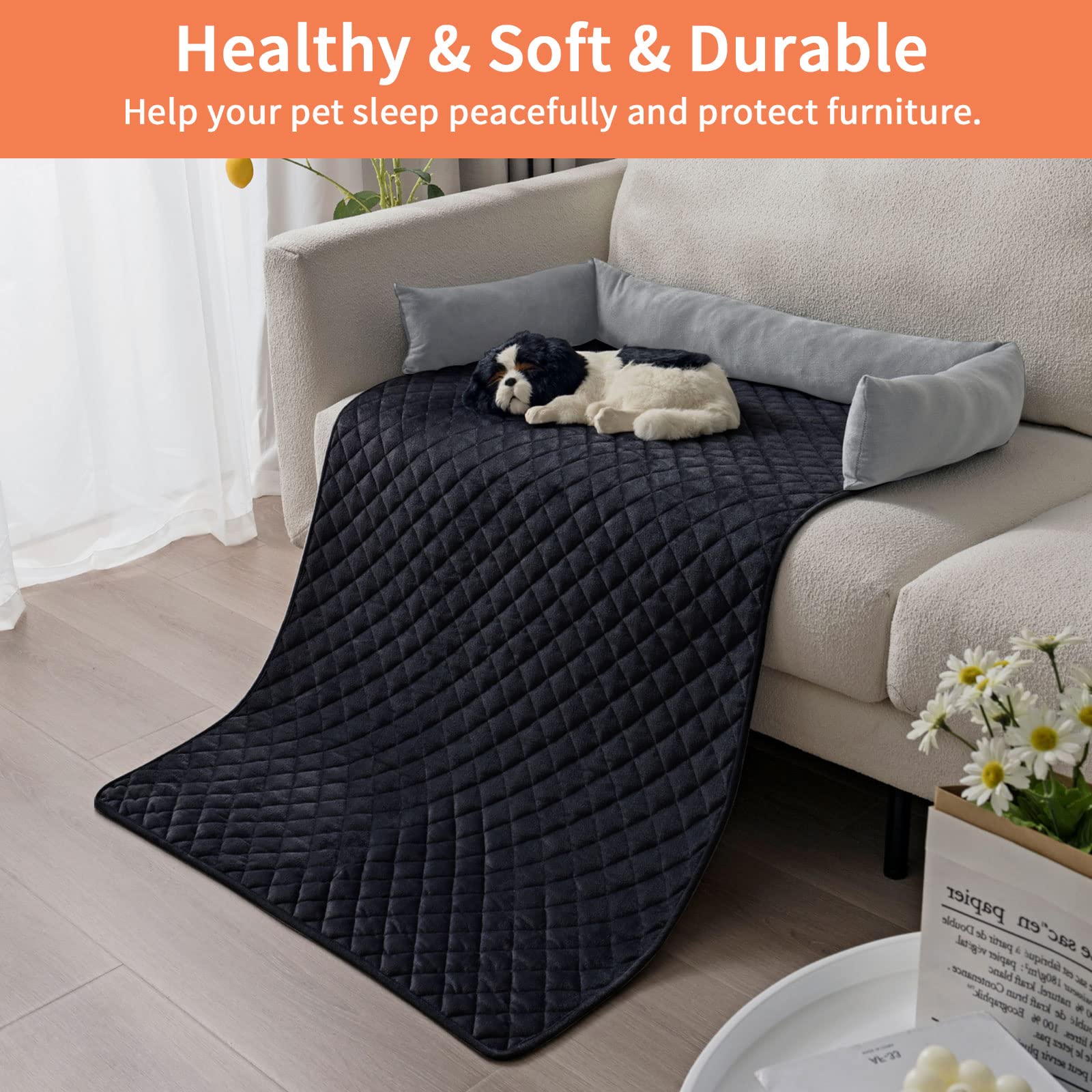 Hundebett Sofa Matte - weicher Samt rutschfest waschbar Haustier Katze Hundebett Sofa-Kissen-Pad mit Kissen für Möbel Protrctor, perfekt für große mittlere kleine Hunde Katzen (90x120cm, Grey Black)