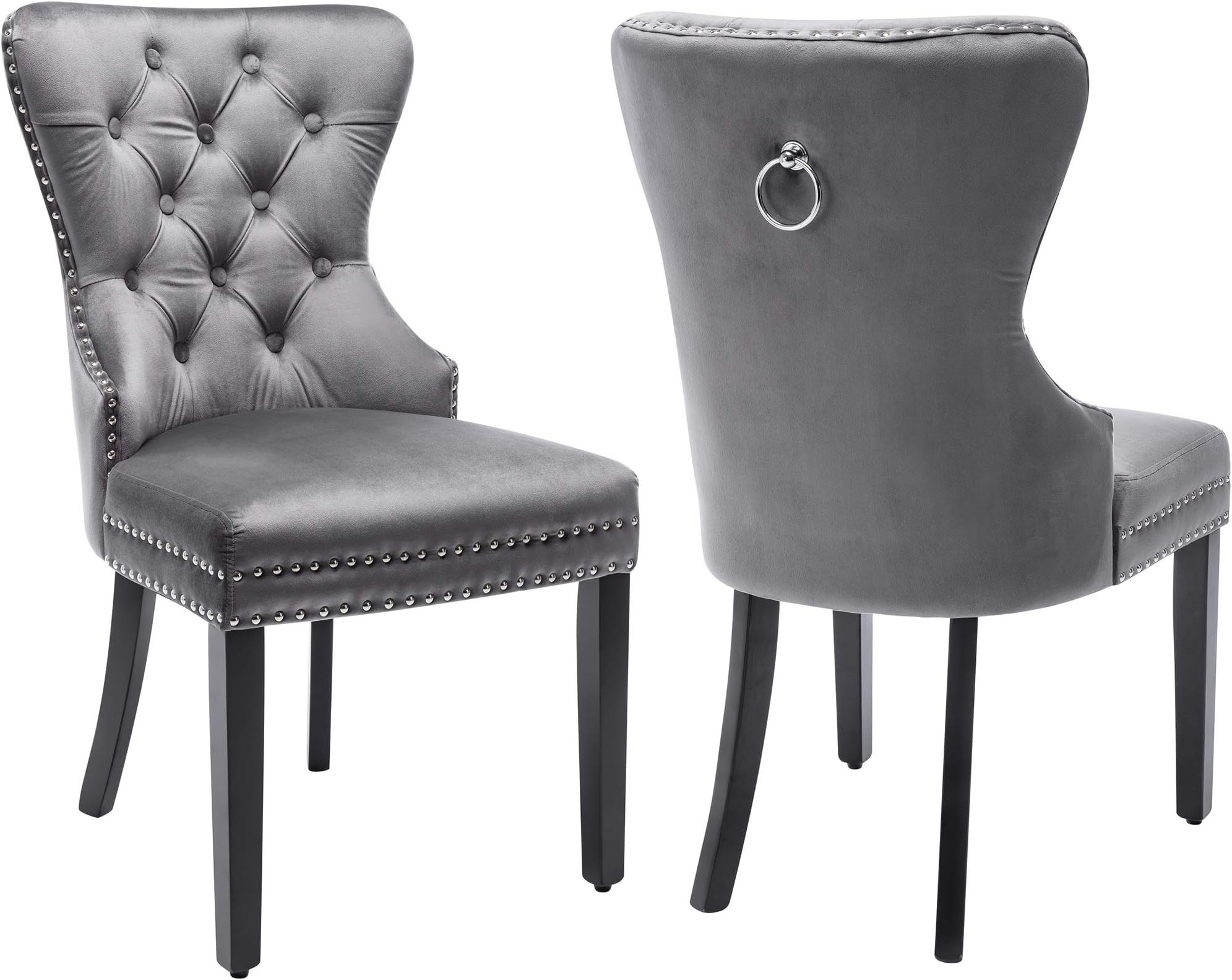 BTM Velvet Dining Chair Set of 2 Grey Fabric Studded With Knocker