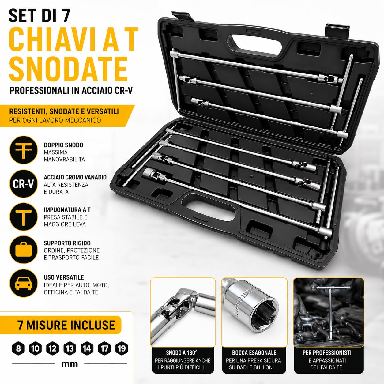 Generico Topolenashop Set 7 Chiavi a T Snodate con Doppio Snodo – Misure 8 10 12 13 14 17 19 mm, Chiavi in Acciaio Cromo Vanadio con Supporto per Auto e Officina