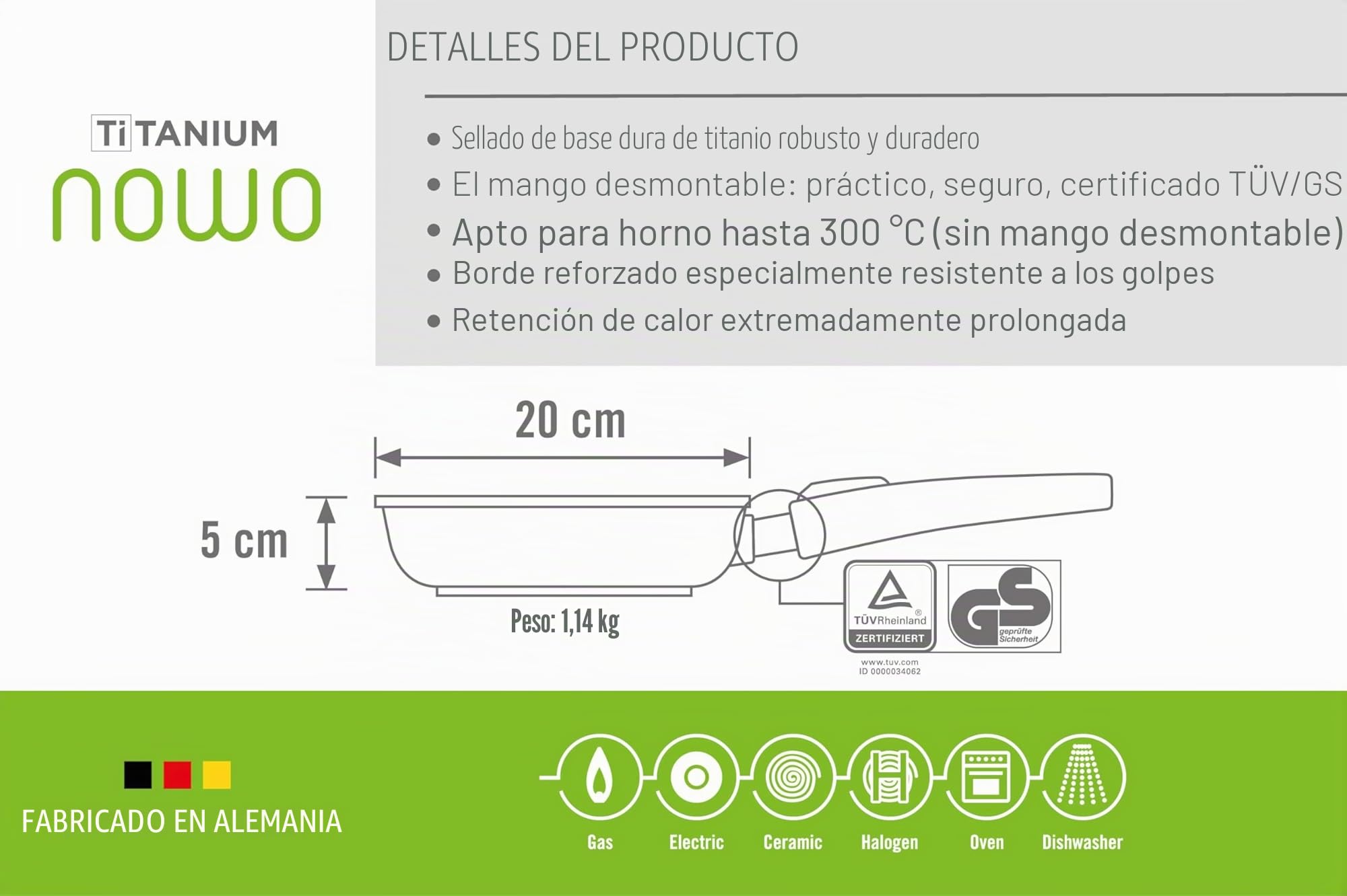 Woll Titanium Nowo - Sartén para freír con mango extraíble, Negro, 20 cm