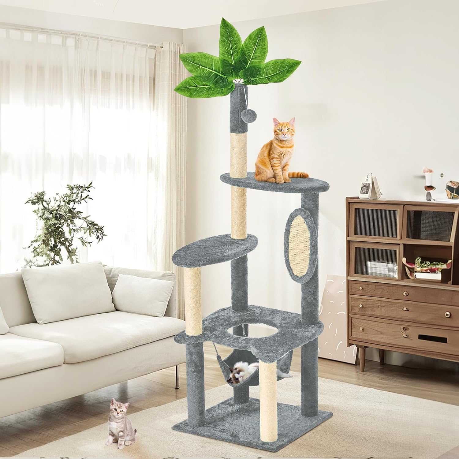 61-Inch Tall Cat Tree Tower with Scratching Post, Multi-Functional Cat Shaped Design Tower with Hammock, Scratcher, Pompoms, for Climbing, Lounging and Playing, Grey