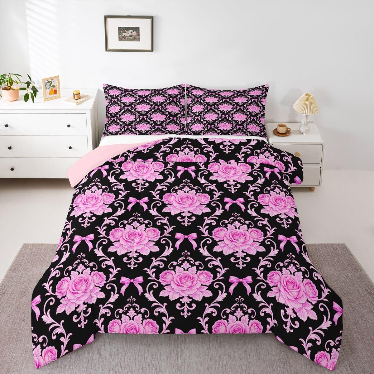 Erosebridal Girls Cute Blue Bow Geometric Kids Toddler Comforter Set | Kawaii Bowknot Bedding Set Princess Ribbon Comforter Women Warm Soft Duvet Quilt