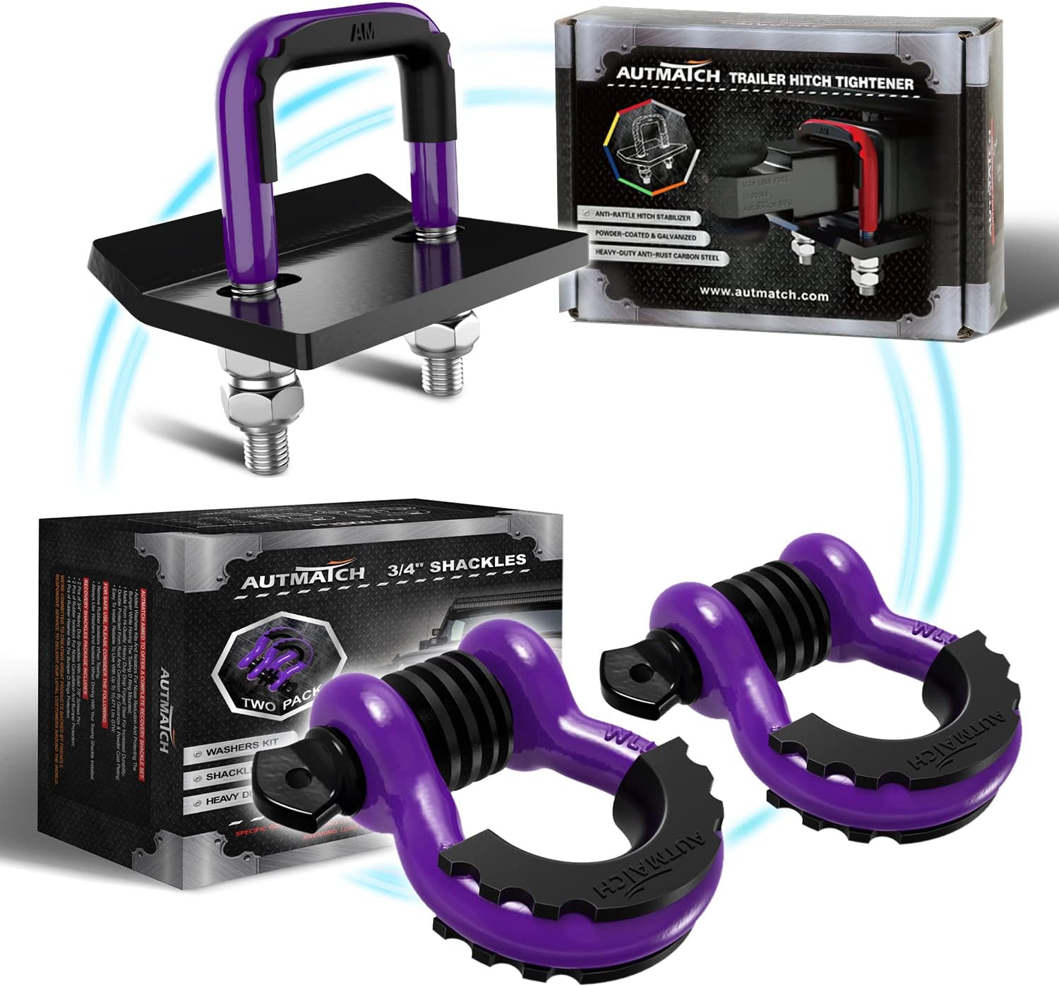 AUTMATCH 3/4" D Ring Shackle and Hitch Tightener Anti-Rattle Clamp with Rubber Isolator, Hitch Stabilizer for 1.25 and 2 inch Trailer Hitches Jeep Tow Strap Off Road Vehicle Recovery, Purple