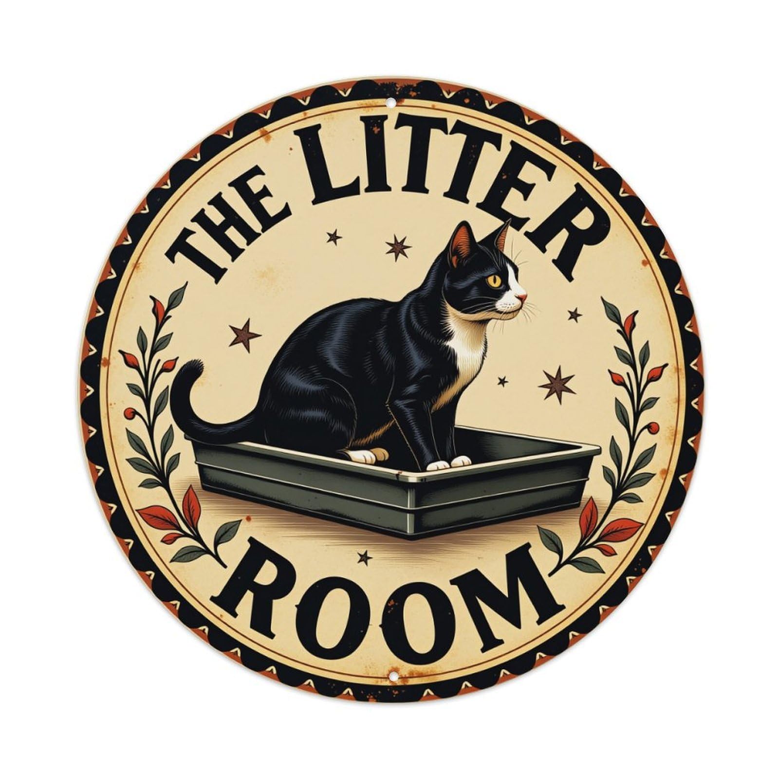 Cat In Litter Tray With Stars Round Tin Sign Vintage Metal Poster, Home Bar Garage Man Cave Cafe Indoor & Outdoor Wall Decoration 8x8Inches