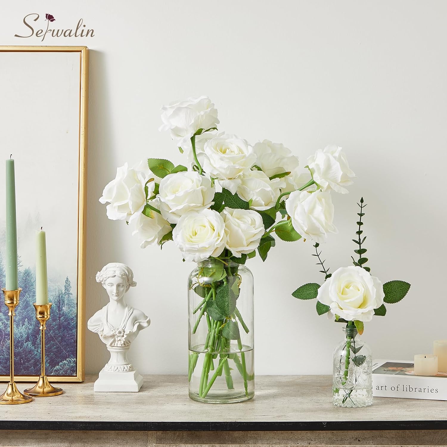 Serwalin 20PCS Artificial White Roses, 4'' Big Flower Head, Ivory Silk Roses, Velvet Fake Roses Bouquet Long Stem Roses for Home Decor Wedding and Table Centerpiece - Image 6