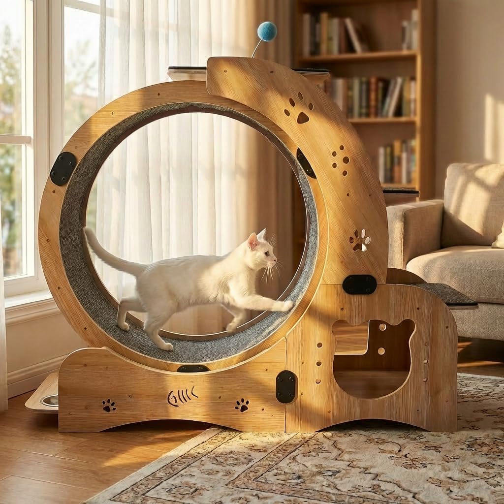 55-inch cat Wheel, 6-in-1 cat Wheels for Indoor Cats, Scratching Board, Detachable mat, Climbing Frame, nest & Toys, Multi-Functional Indoor Pet Activity Center/Walking/Training