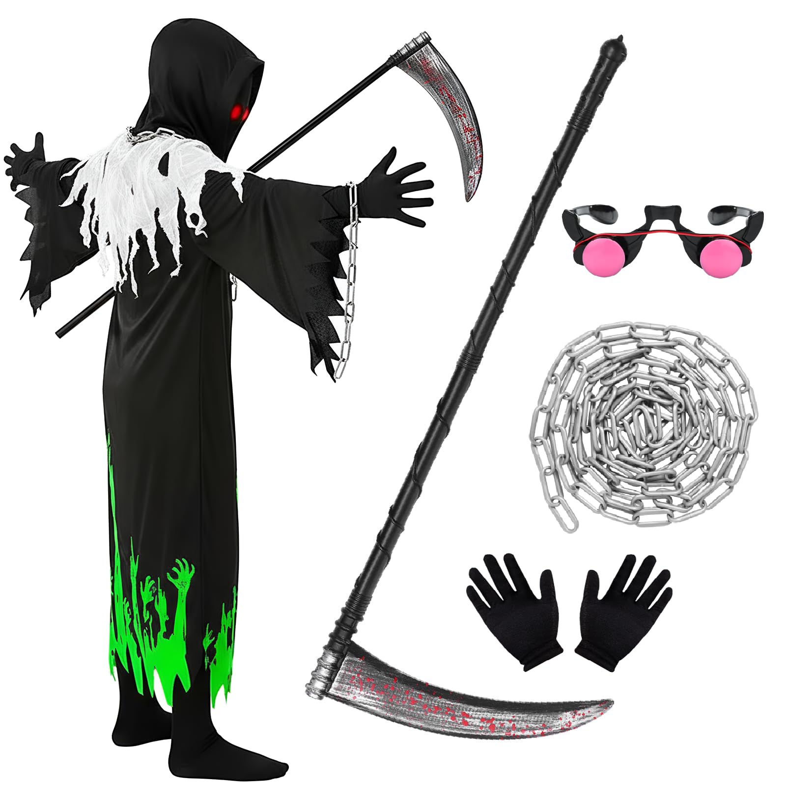 Matreeglam Grim Reaper Costume Adults Kids, Halloween Costumes Set including gloves Glasses