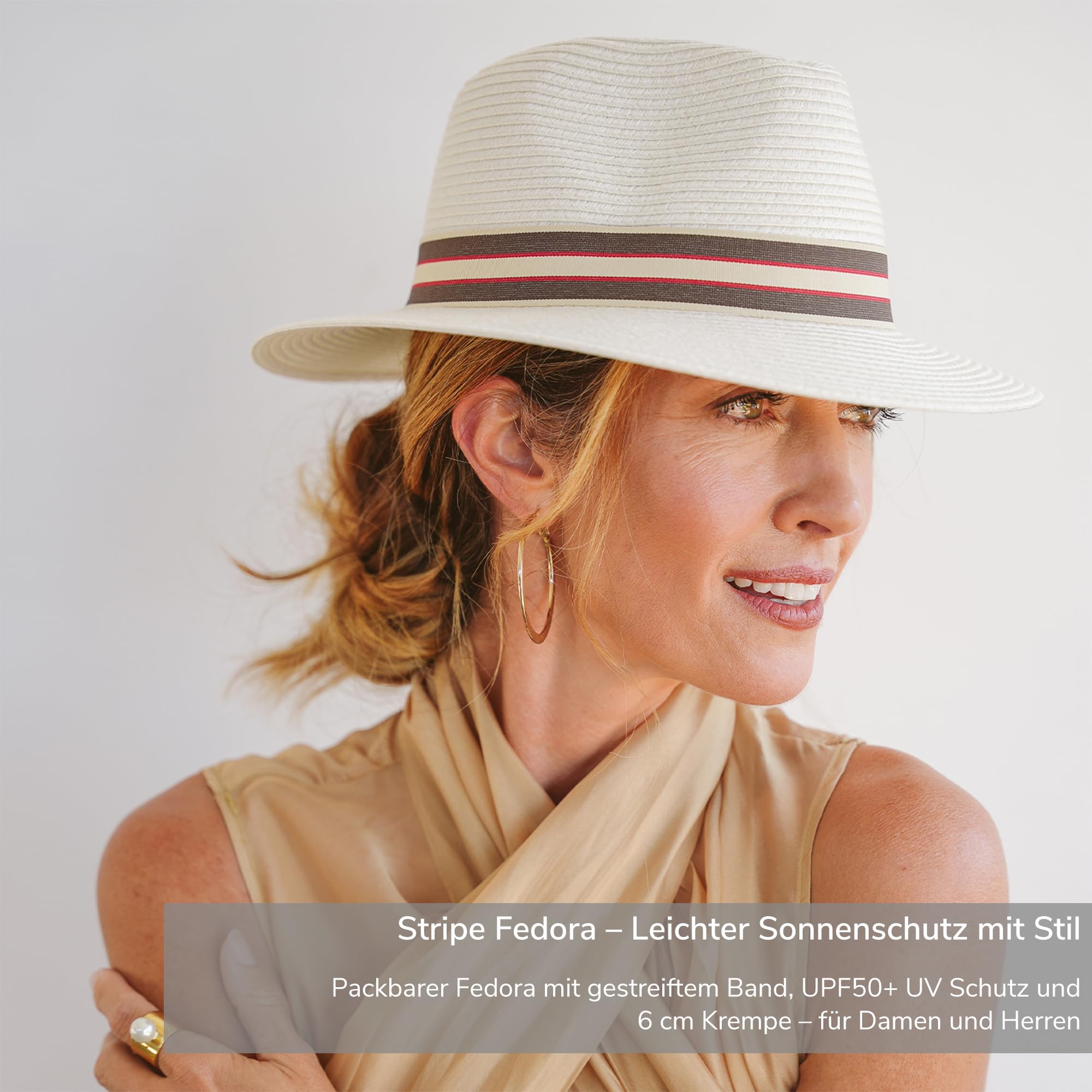 Stripe Fedora Hochwertiger Sonnenhut mit gestreiftem Band UV-Schutz 50+