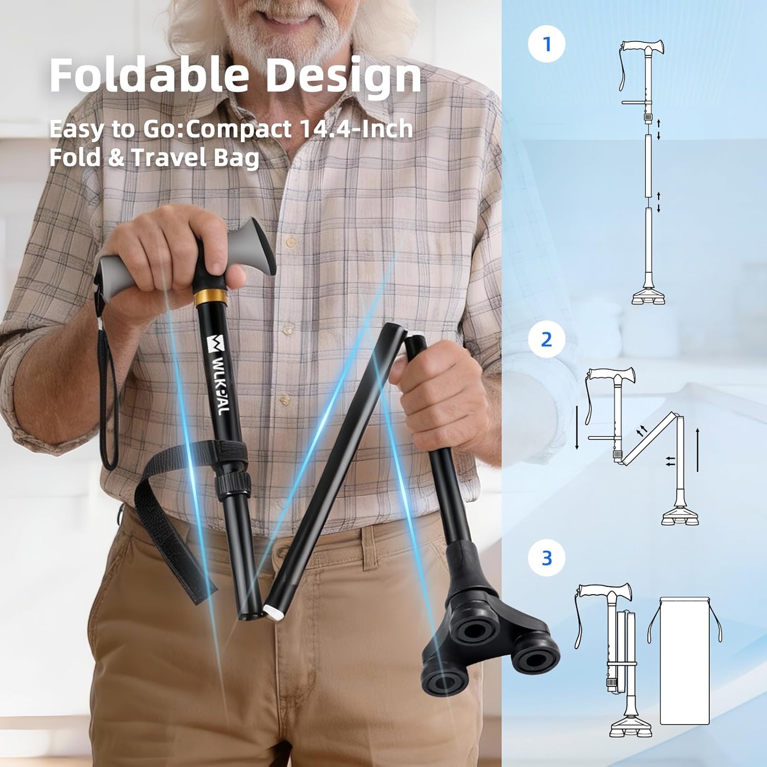 Heavy-Duty Series Folding Freedom Walking Cane – Elastic Self-Standing Tripod Base (2026 Upgraded), 400 lbs Capacity, Ergonomic Soft-Grip Handle, Collapsible & Adjustable Canes for Stability