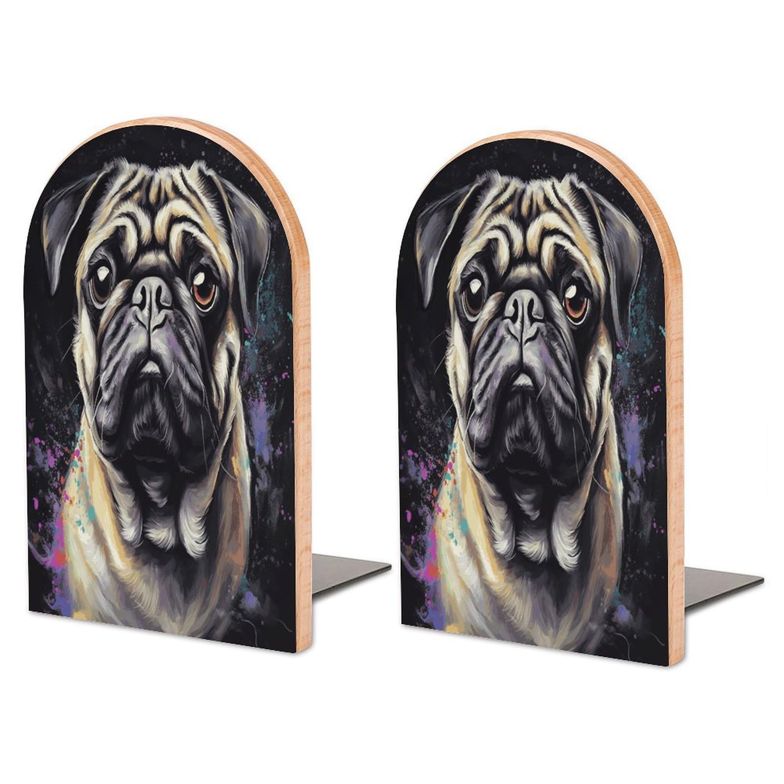 Large Portrait of Pug Book End with Metal Base Fashion Heavy Duty Bookend Exquisite Wooden Bookends Non-Skid Book Stopper for Shelves Books Organizer for Office Home 1 Pair
