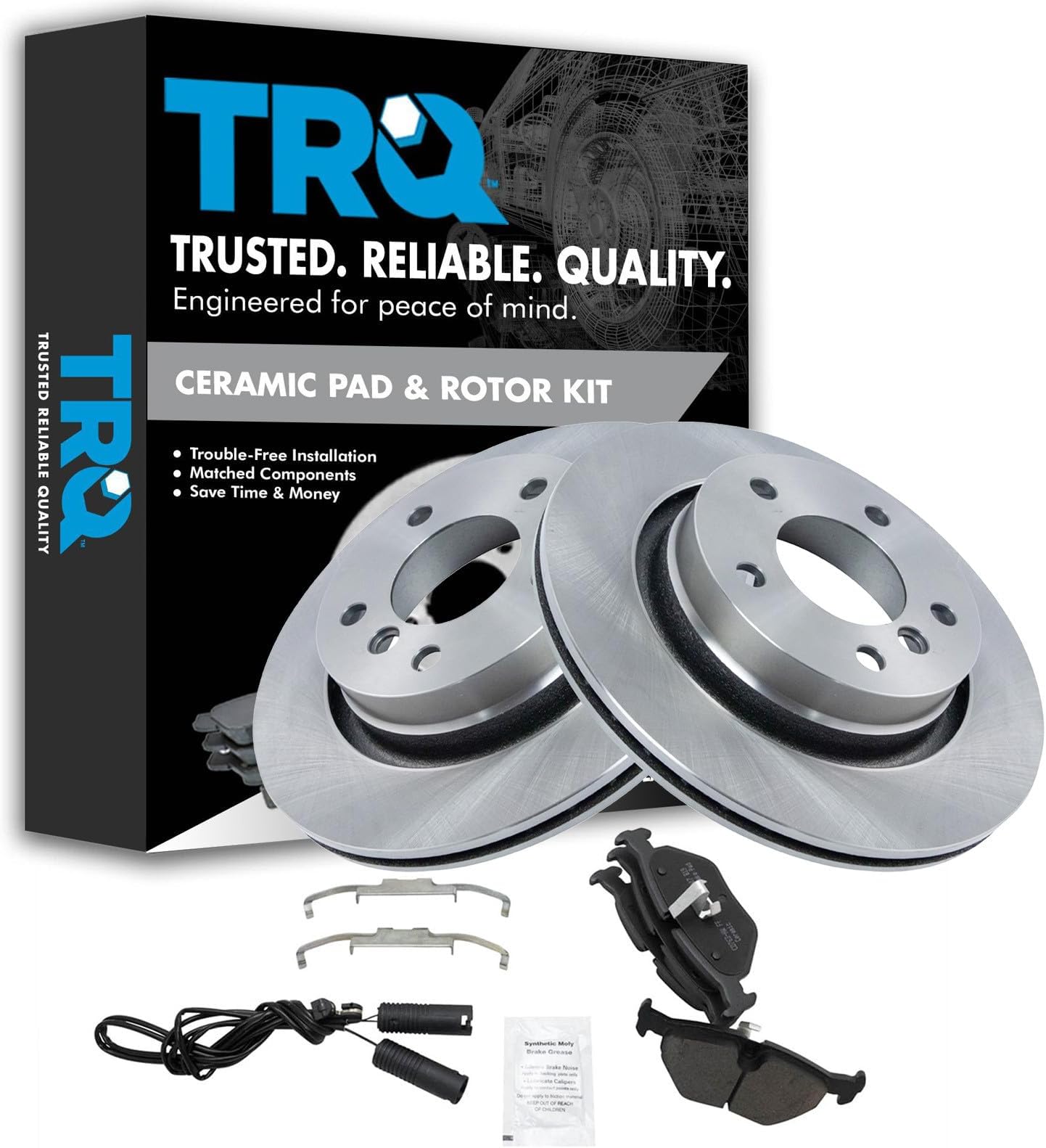 TRQ Rear Brake Pad and Rotor Set Ceramic Solid Rotors Compatible with 2000 BMW 323Ci 323i 328Ci 2001-2006 325Ci 2001-2005 325i
