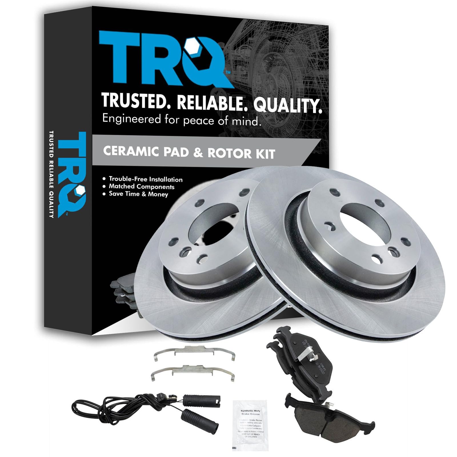 TRQ Rear Brake Pad and Rotor Set Ceramic Solid Rotors Compatible with 2000 BMW 323Ci 323i 328Ci 2001-2006 325Ci 2001-2005 325i