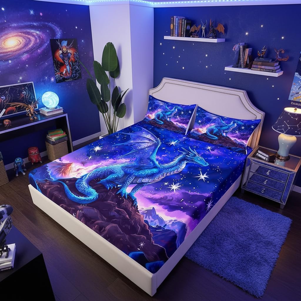 Homewish Dragon Fitted Sheet Full Size,Starry Sky Mountains Bedding Set for Kids Girls Boys Room Decor,Wild Animal Trippy Sheet Set,Blue Purple Western Magical Bed Sheet 3Pcs,2 Pillowcases
