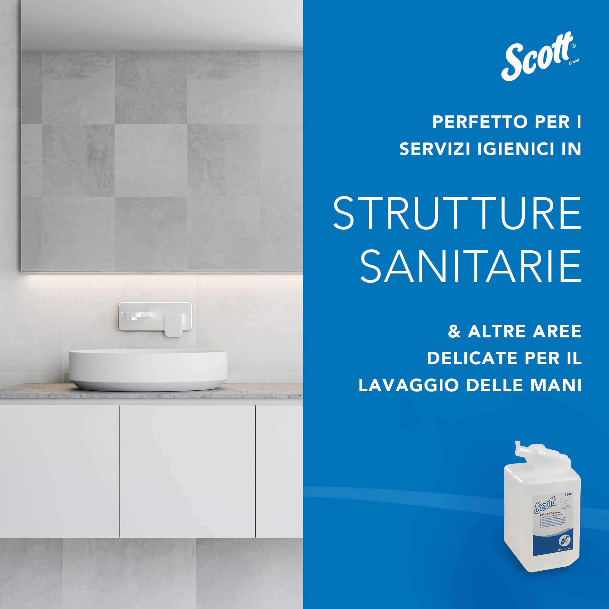 Scott Control 6342 Sapone per mani in schiuma per uso frequente, Sapone per mani in schiuma inodore, 6 ricariche di Sapone per mani trasparente da 1 litro, Totale 6 litri