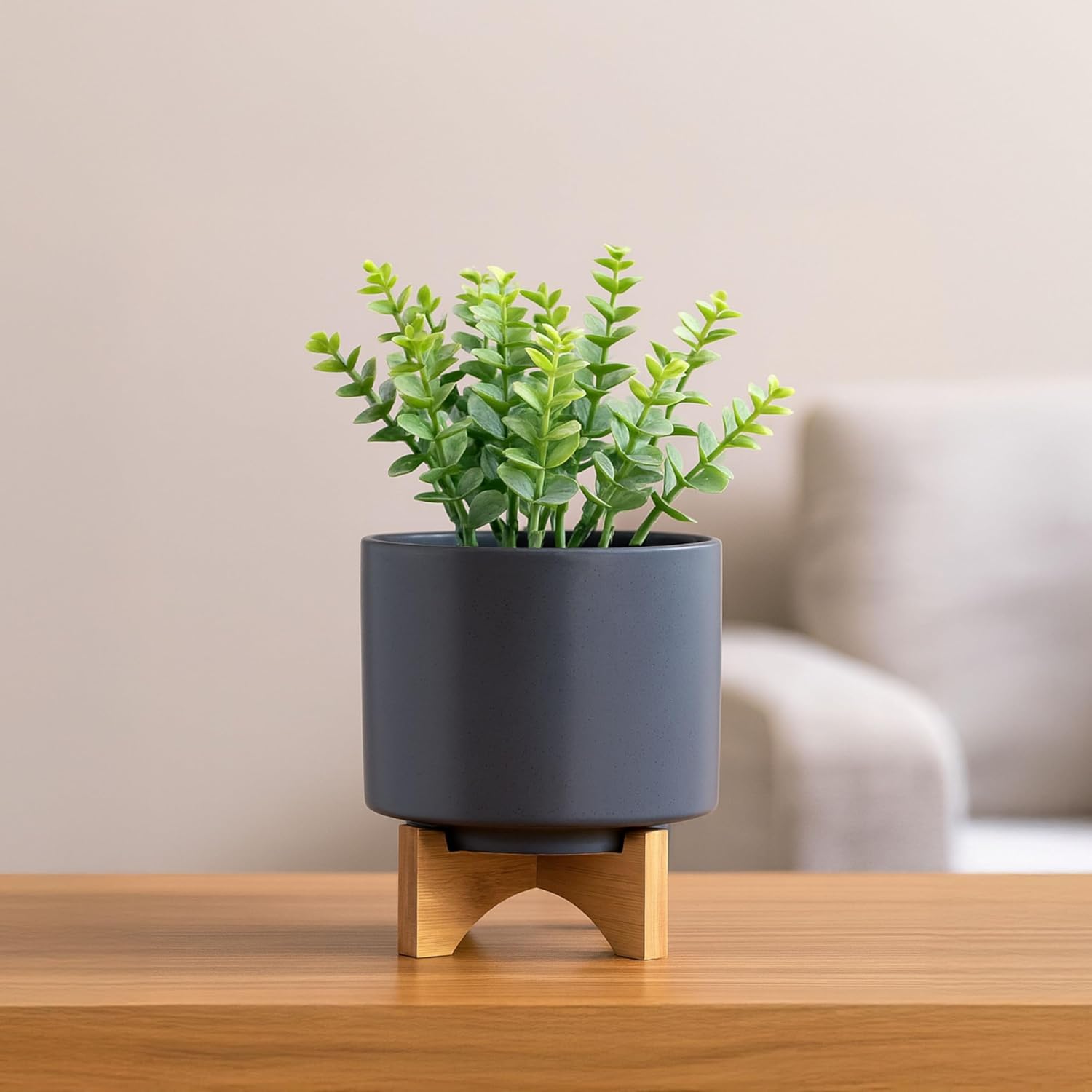 Ceramic Dotted Planter with Wood Stand for Home Decor - Modern Flower Planters for Patio, Entryway, and Garden - Small Decorative Pot Display for Indoor and Outdoor Plants - 10", Green & Tan