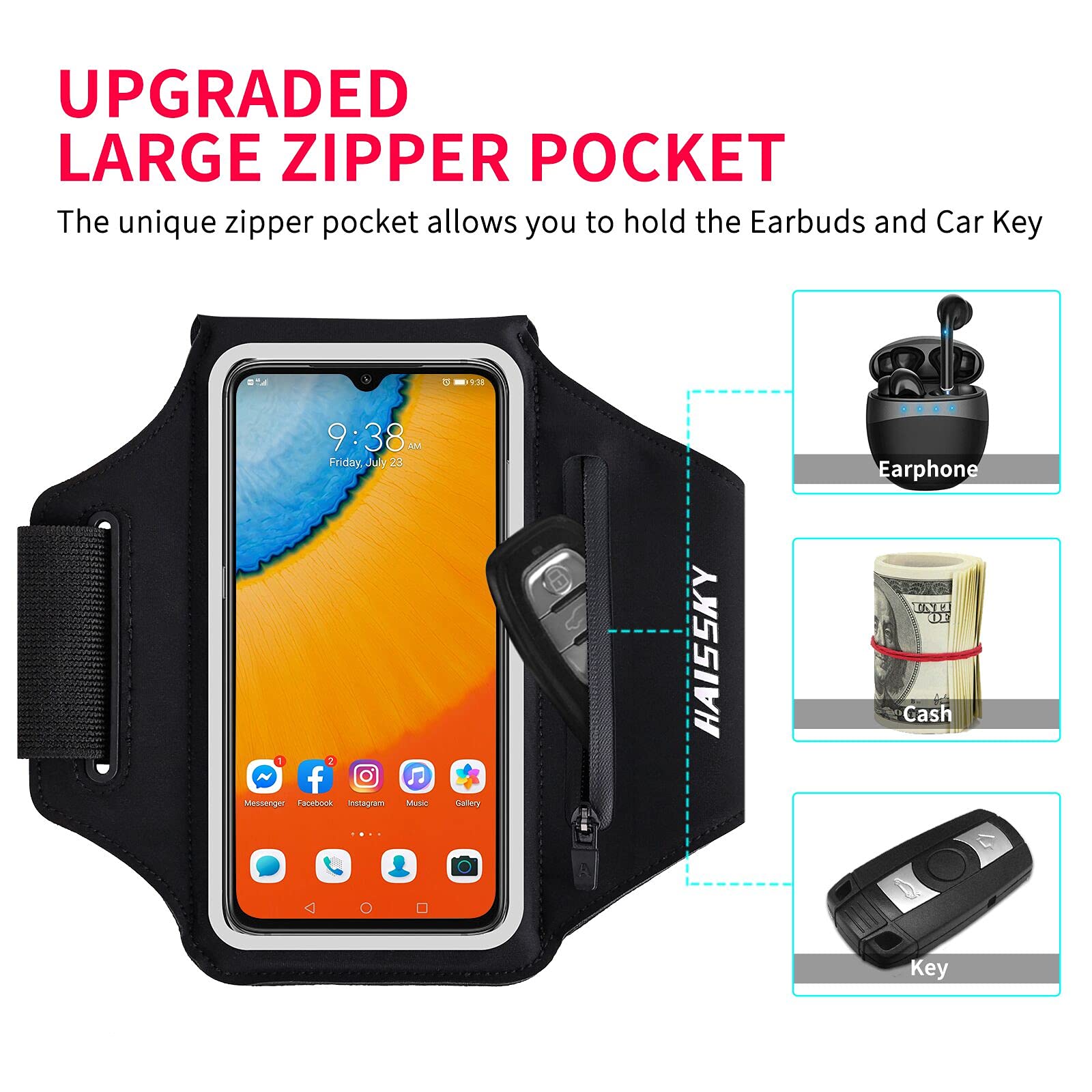 HAISSKY Sportowa bransoletka z kieszenią na słuchawki, sportowa bransoletka na telefon komórkowy do iPhone 14 Pro/13 Pro/12 Pro/11/11 Pro/XR/XS/X/8 Plus, Huawei P40/P30/Mate 20 Pro, etui na telefon