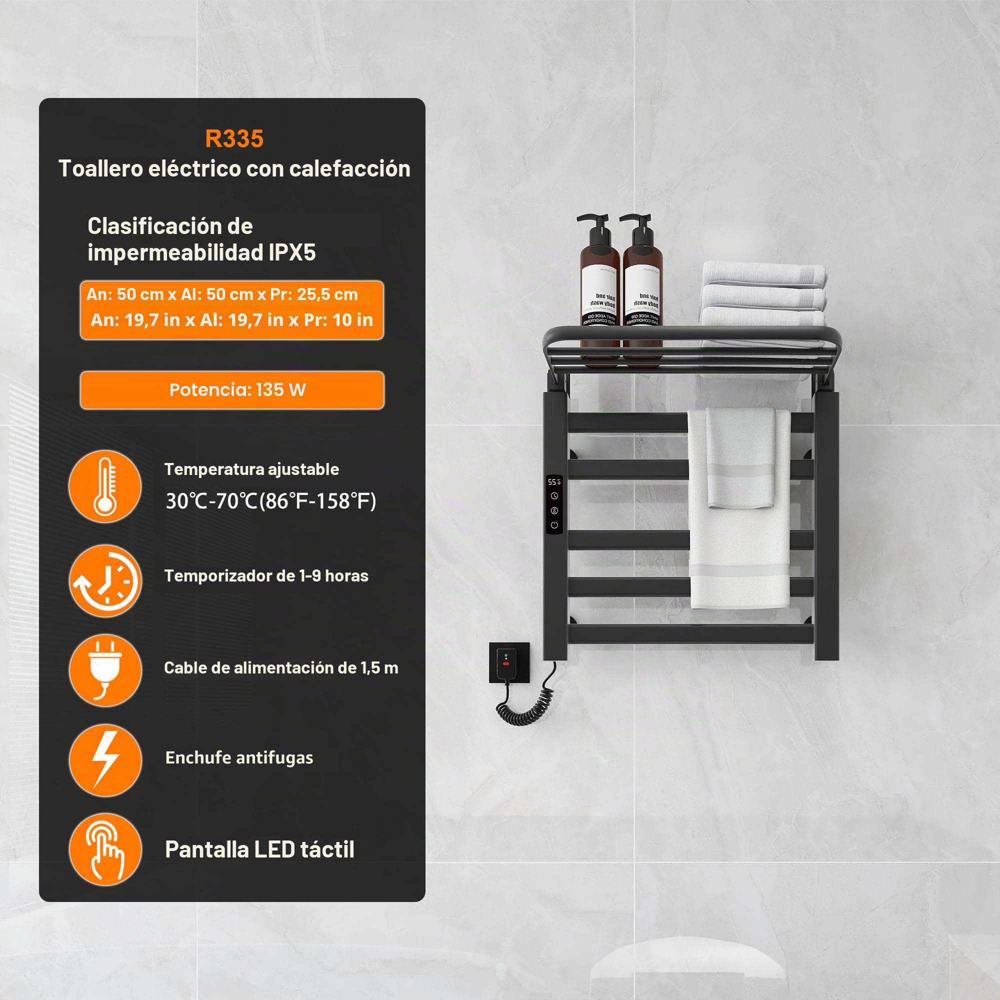 Radiador de Toallas, 500x500mm Secador de Toallas Radiador, Toallero Eléctrico Bajo Consumo, Toallero eléctrico inteligente Calienta Toallas, calefacción de fibra de carbono, antracita-Black Left