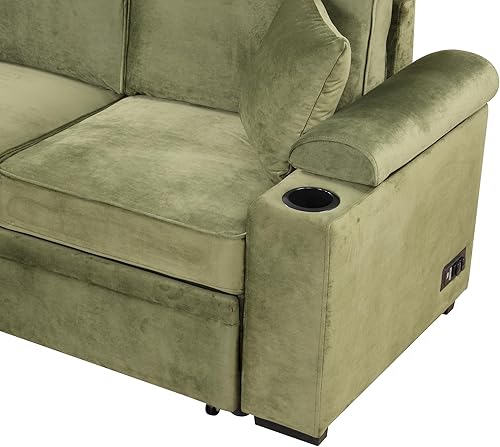 Miniatura 7 de Sofá cama modular reversible en forma de L de lino con otomana de almacenamiento, sofá cama convertible 2 en 1 extraíble con portavasos y puerto de