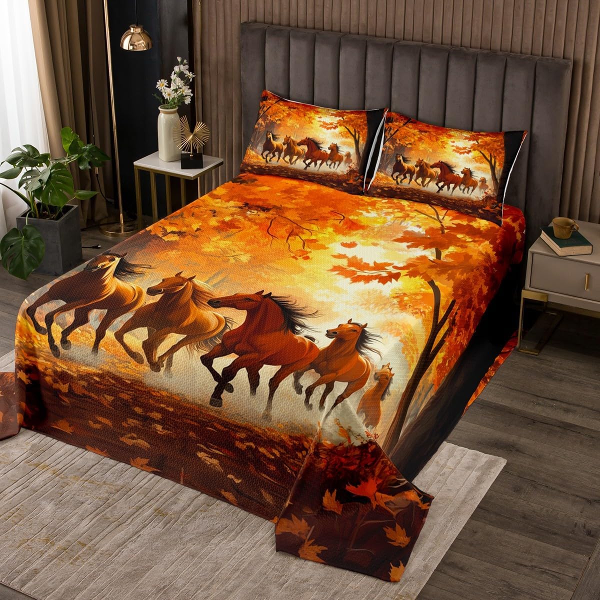 Running Horse Bedspread Queen Size,Fall Maples Leaves Bedding Set for Kids Boys Girls Room Decor,Autumn Woodland Wildlife Quilt 3Pcs,Animal Nature Scenery Soft Coverlet Set,2 Pillowcases