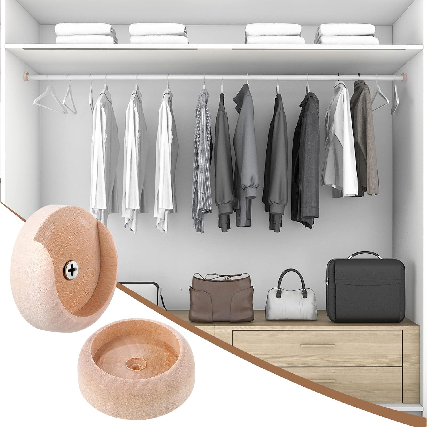 Weysat 20 Sets Closet Pole Socket Wooden Closet Rod Holders 1-3/8" Pole Bracket Rod Support with Screws for Wardrobe Hallway Bathroom Clothing Store