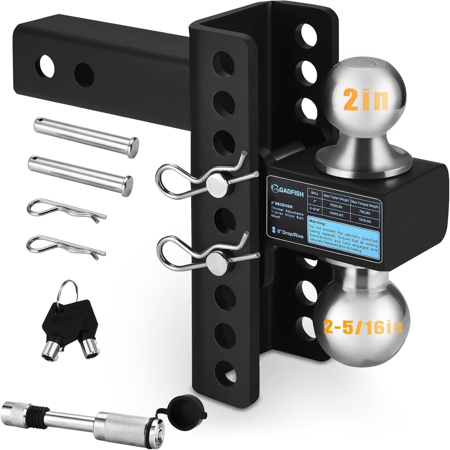 Adjustable Trailer Hitch for 2-Inch Receiver, 12,000 lbs Max GTW Towing Capacity, 6-Inch Rise/Drop Hitch, Dual Balls 2" & 2-5/16" - Heavy Duty for Truck RV Motorcycle, with Anti-Theft Hitch Pin
