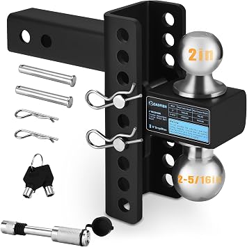 Adjustable Trailer Hitch for 2-Inch Receiver, 12,000 lbs Max GTW Towing Capacity, 6-Inch Rise/Drop Hitch, Dual Balls 2" & 2-5/16" - Heavy Duty for Truck RV Motorcycle, with Anti-Theft Hitch Pin