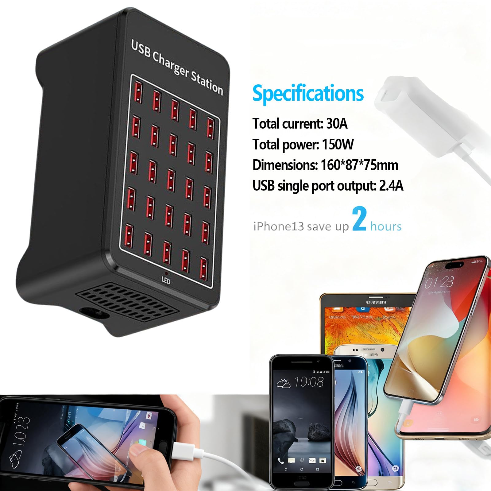 Stacja ładująca dla wielu urządzeń. Szybkie ładowanie 2,5 godziny. Inteligentne chłodzenie. Łatwe przenoszenie. Ładowanie kompatybilne ze wszystkimi USB 25-Port-150W
