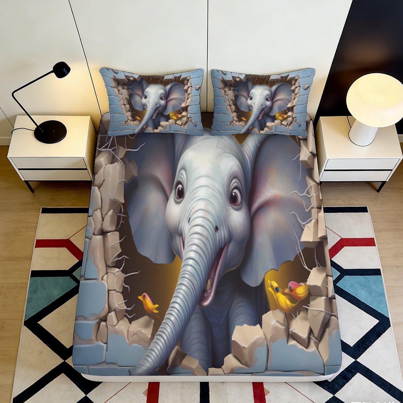 3D Printed Bunny Pattern Fitted Sheet Microfiber Deep Pocket Non-Slip Bedroom Bunny Mattress Fitted Cover Washable 180x200x25cm