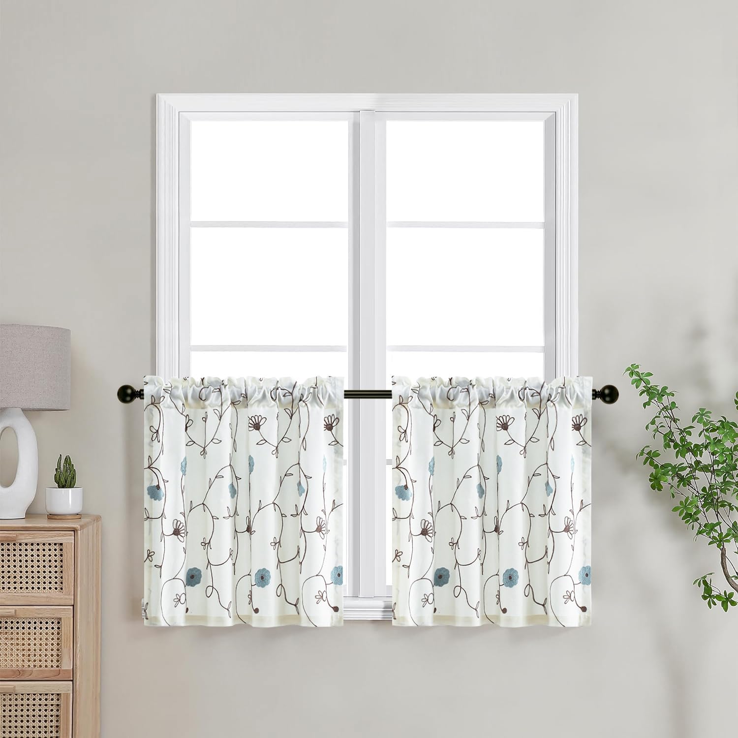 VOGOL Blue Floral Embroidered Tier Curtains, 30 x 24 Inches, 2 Panels โ image 1