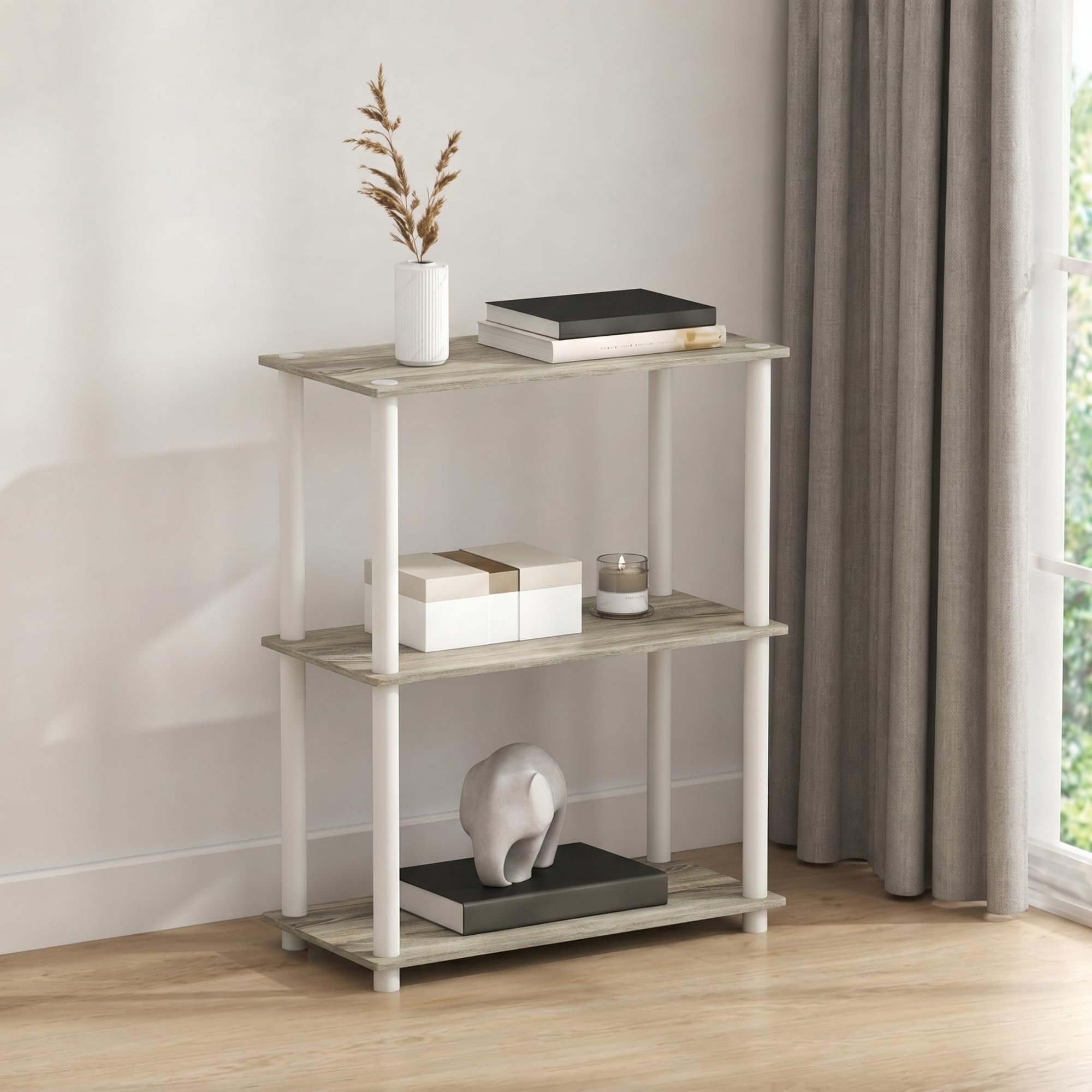 Furinno TURN-N-TUBE Storage Shelves, 3-Tier Book Shelf, Corner Shelf, Toolless Open Shelves, for Organization and Storage, Living Room, Bedroom, Entryway, Laundry, Light Oak