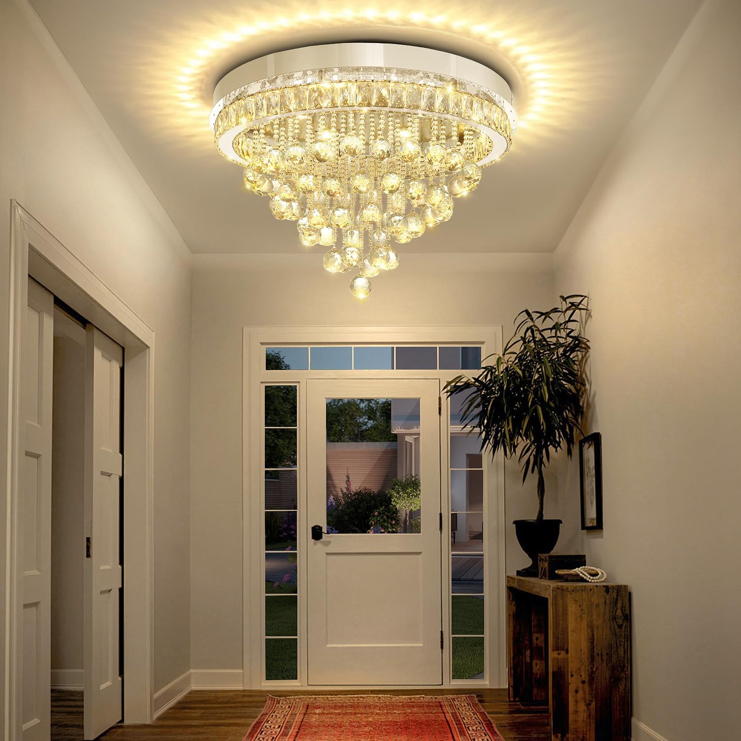 Dia 24" Modern Crystal Chandeliers for Dining Room,Silver Raindrop Chandelier Flush Mount Chandeliers for Living Room Bedrooms Dining Room Dimmable 2700k 4500k 6000k