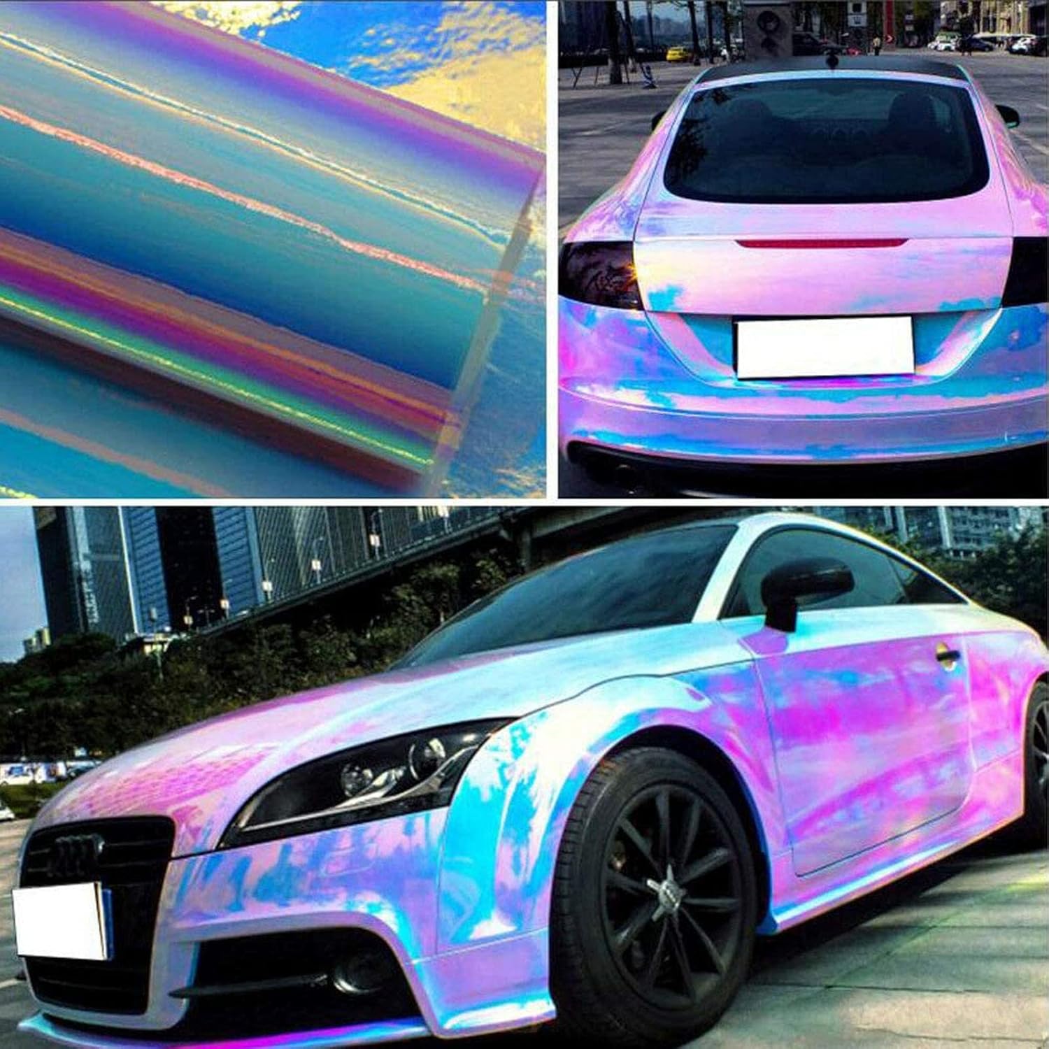 Holographic Rainbow Chrome Car Adhesive Vinyl Wrap Gloss Decal Sticker Film Sheet Air Bubble Free DIY Vinyl for Full Car Wraps (White, 59ft x 4.5ft)