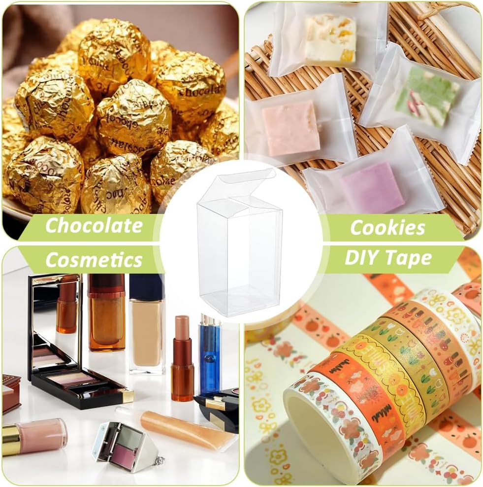 BENECREAT 72pcs 2.3x2.3x4inch Clear Party Favor Box Gift Wrapping Box with Film Covered for Wedding Party Decor, Choclates, Candy Cookies Favors, Valentine's Day Gift Packaging