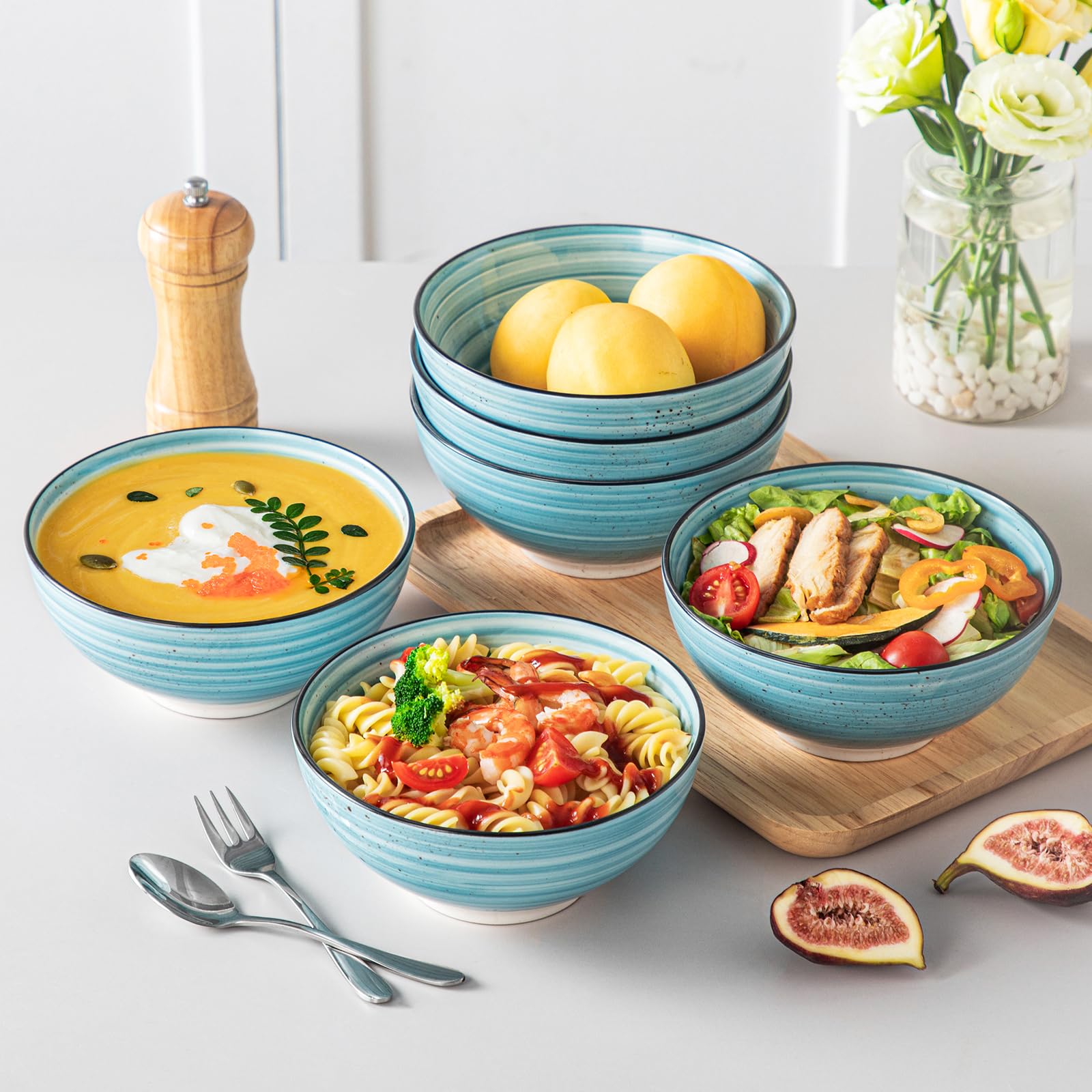vancasso BONBON Cuencos de Cereales 840ml, Tazones de Sopa de 16.3cm, Cuencos Grandes de Gres para Desayuno, Pasta, Ensalada, Apta para Microondas y Lavavajillas, Pintados a Mano, Juego de 6, Azul